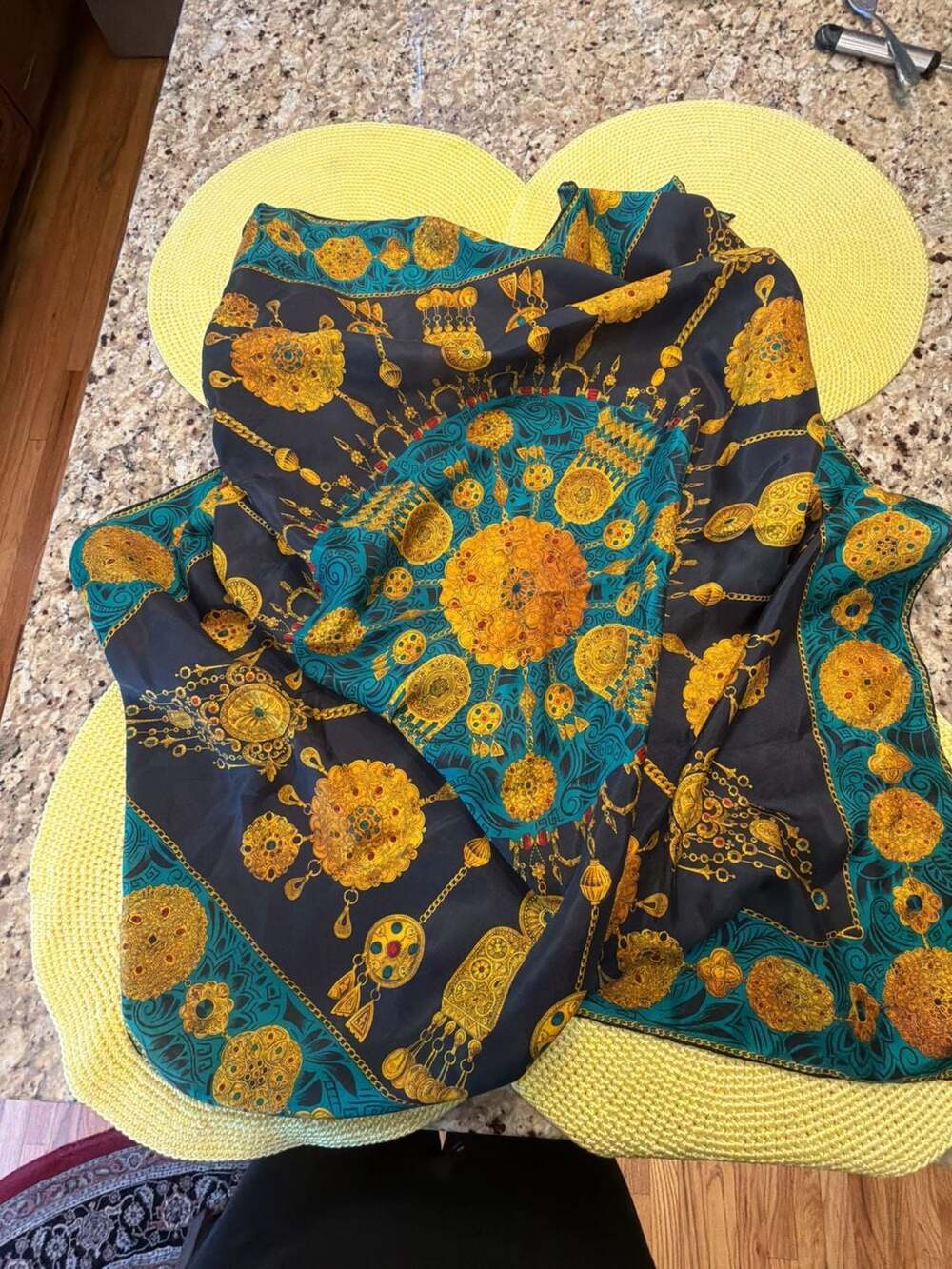 Vintage Silk Scarf 33 x 33 Black Teal Gold Baroque Chain Jewels
